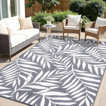 OLANLY Waterproof Outdoor Rug 6x9 ft, Reversible Outdoor Plastic Straw Rug with Leaf Pattern, RV Mat, Indoor Outdoor Carpet for Patio, Camping, Balcony, Deck, Backyard, Grey & White