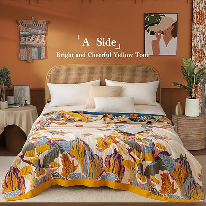 Boho Throw Blanket Full Size, Extra Large Soft Cozy Cotton Muslin Quilt Blanket for Bed Decor, Floral Patterned Couch Sofa Chair Cover, Vintage Farmhouse Cottage Woven Blanket, Yellow&Blue