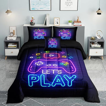 6 PCS Gamer Queen Comforter Sets,Queen Purple Bedding Sets for Boys,Gaming Comforter Set,Queen Size Bedding Sets for Boys,Bed in A Bag with Sheets(Queen,Purple Color)