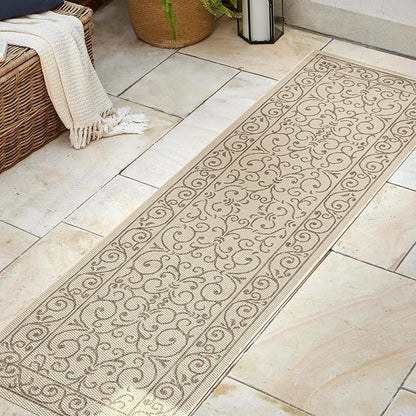 JONATHAN Y Vintage Filigree Indoor Outdoor Runner Rug 2X8 Beige/Brown, Charleston Textured Weave for Backyard, Patio, Porch, Easy-Cleaning, High Traffic, Pet-Friendly, Non-Shedding (SMB106A-28)