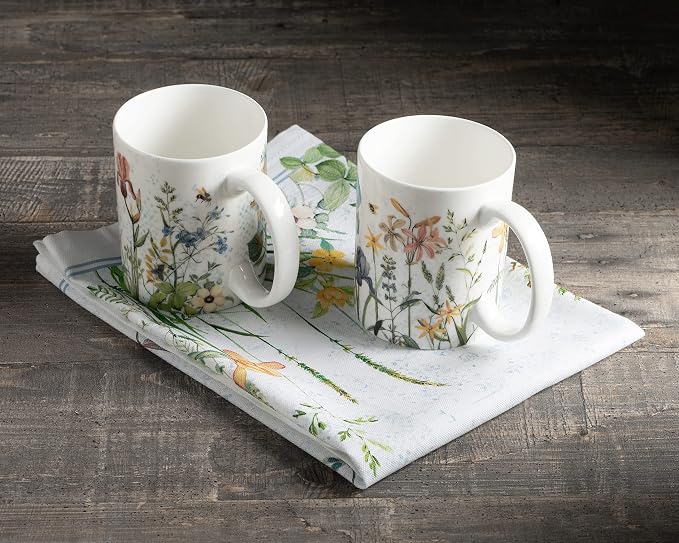 Maison d' Hermine Coffee Mug with Handles Tea Cups (15 Ounce, Pack of 2) | Fine Bone China Coffee Mugs for Hot Beverages Cappuccino Latte Home Restaurant Hotel Spring Summer -Fleurs De Mai