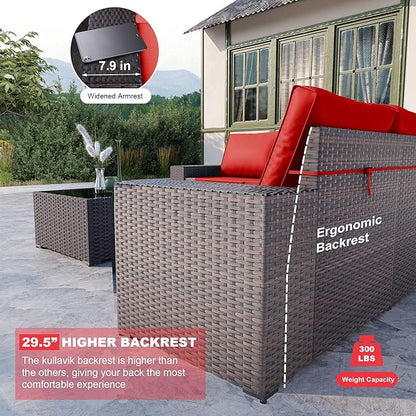 Kullavik 6PCS Outdoor Patio Furniture Set PE Wicker Rattan Sectional Sofa Patio Conversation Sets,Red