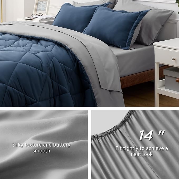 Bedsure Navy Bed Sets Twin - 5 Pieces Reversible Twin Comforter Sets, Twin Bedding Set with Comforters, Sheets, Pillowcase & Sham