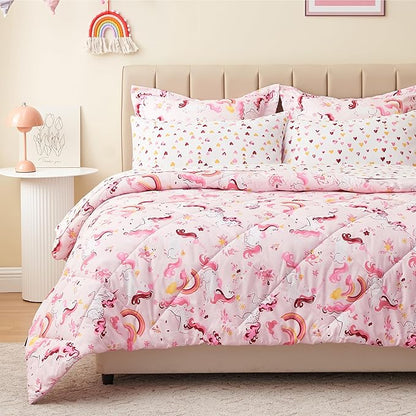 Twin Unicorn Kids Bedding Set for Girls, 5 Pieces Super Soft Lightweight Microfiber Comforter Set with Sheets, Bed in a Bag, Durable Children Bed Set