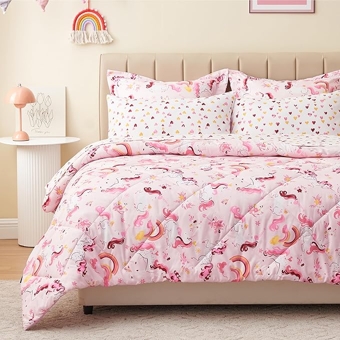 Twin Unicorn Kids Bedding Set for Girls, 7 Pieces Super Soft Lightweight Microfiber Comforter Set with Sheets, Bed in a Bag, Durable Children Bed Set