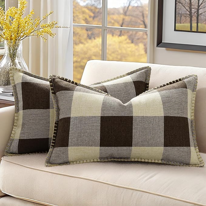 decorUhome Buffalo Plaid Check Throw Pillow Covers 12x20 Set of 2, Outdoor Lumbar Decorative Farmhouse Neutral Pillow Covers with Stitched Edge for Bed Couch Sofa, Brown and Beige