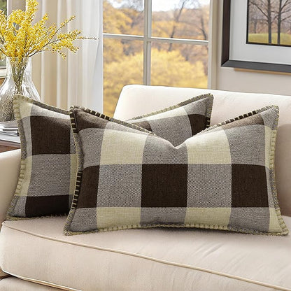decorUhome Buffalo Plaid Check Throw Pillow Covers 12x20 Set of 2, Outdoor Lumbar Decorative Farmhouse Neutral Pillow Covers with Stitched Edge for Bed Couch Sofa, Brown and Beige