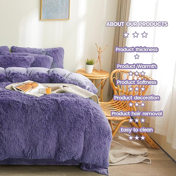 FOPPA Dark Blue fluffy Comforter Cover Set king- Ultra Soft fluffy navy blue Bedding Sets 3 Pieces (1 Duvet Cover + 2 Pillow case) navy blue fluffy bed set (Dark Blue, King)