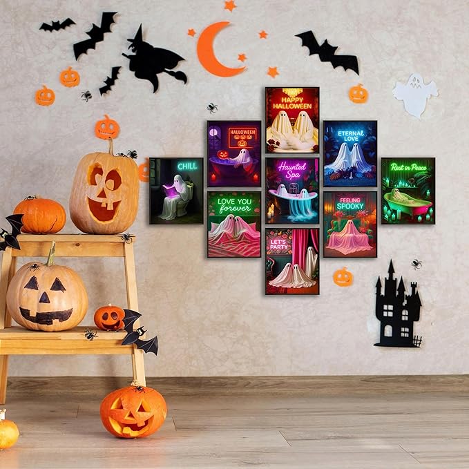 LANCHI95 Halloween Ghosts Wall Art Halloween Wall Art Gothic Romantic Couple Cute Ghost Wall Decor Pictures Horror Wall Decor for Living Room Bedroom, Set 9pcs - 8x10 in (UNFRAMED)
