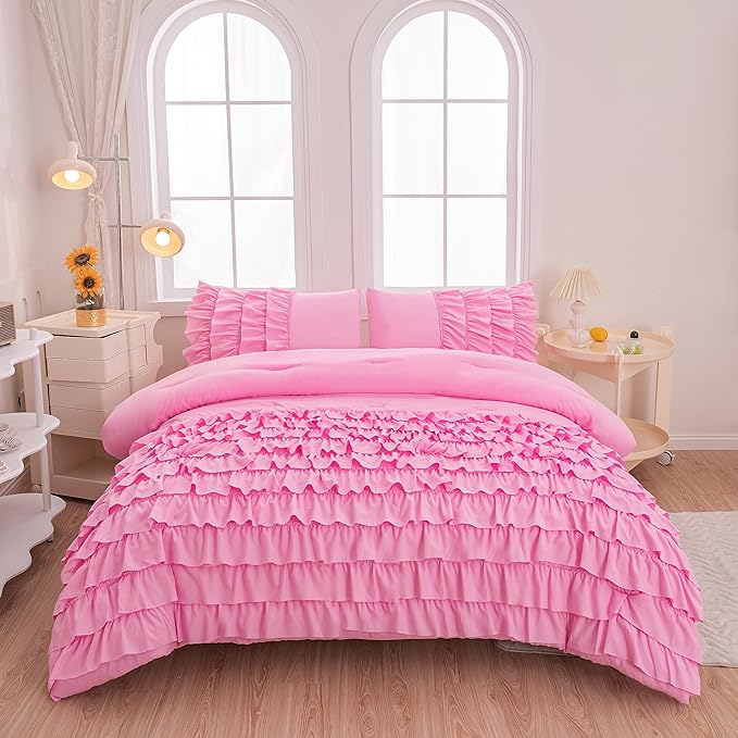 Full Size Comforter Set for Girls Kids, 3Pcs Pink Comforter Set Full, Blush Pink Princess Bedding, Vintage Soft Boho Chic Bedding for All Season