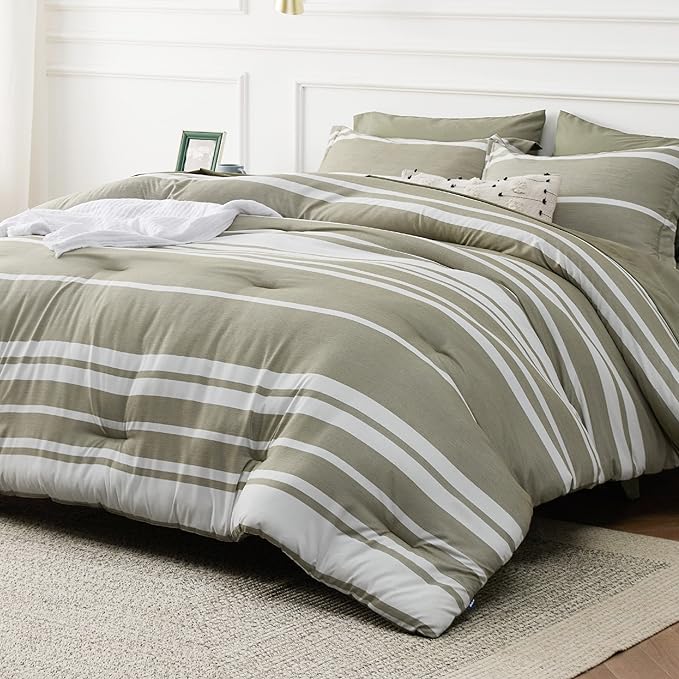 Bedsure Full Size Bedding Sets 7 Pieces, Olive Green White Striped Bedding Comforter Sets All Season Bed Set, 2 Pillow Shams, Flat Sheet, Fitted Sheet and 2 Pillowcases