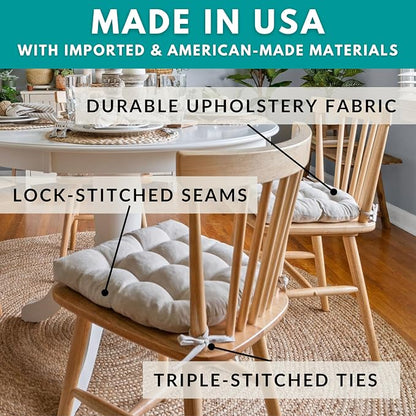 Barnett Home Decor Hayden Beige Dining Chair Pad with Ties - 19 x 19 Size Large Chair Cushion - Reversible, Latex Foam Fill Cushion, Machine Washable, Linen Look (Natural)