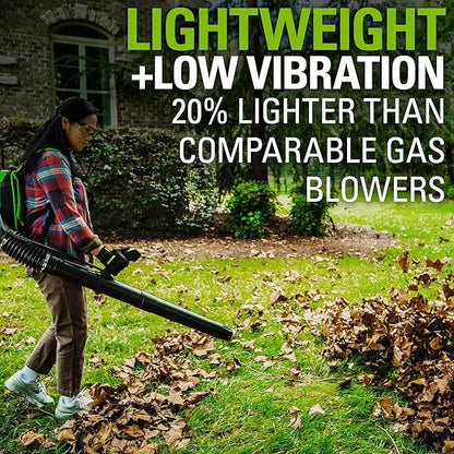 Greenworks 80V (180 MPH / 610 CFM / 75+ Compatible Tools) Cordless Brushless Backpack Blower, 2.5Ah Battery and Rapid Charger Included, Green/Black