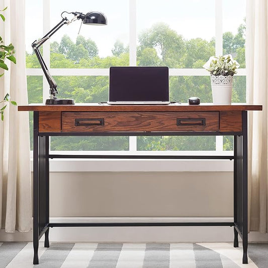 Leick Home 11200 Ironcraft Rustic Writing/Computer Desk with Drop Front Keyboard Drawer, Mission Oak and Black, 22x 46x 30, Brownbronze