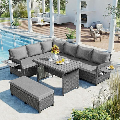 5 Piece Outdoor Furniture Patio Conversation with Dining Table&Bench, Sectional PE Wicker L-Shaped Sofa w/2 Extendable SideTable&Cushions&Washable Covers, Garden Rattan Couch, Gray