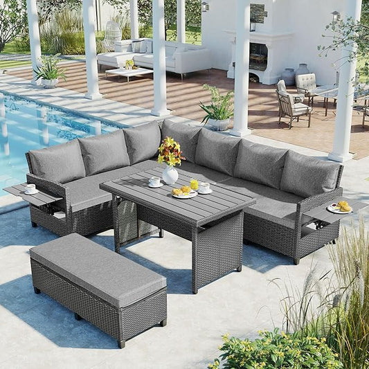 5-Piece Outdoor Patio Furniture Set with Dining Table&Bench, All-Weather PE Wicker Sofa w/2 Extendable SideTables&Cushions&Washable Covers, Rattan Conversation Couch for Backyard Yard, Gray