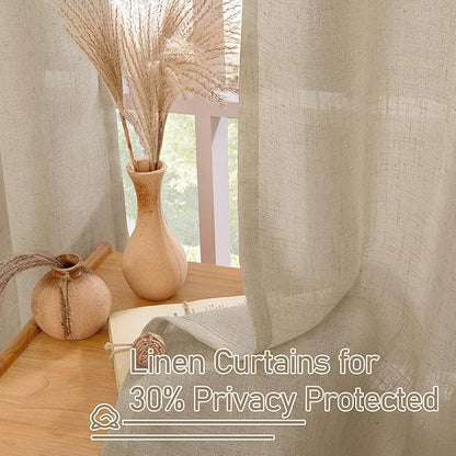 LAMIT Brown Sheer Linen Curtains 48 inches Length 2 Panels, Short Light Filtering Linen Textured Curtains for Kitchen/Window/Cafe/Loft Room, 34 x 48 Inch