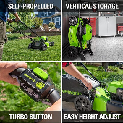 Greenworks 48V (2x24V) Cordless Yard Tool Combo - 21" Self - Propelled Lawn Mower, 12" Trimmer, Blower + 24V Cordless Battery Car Jack