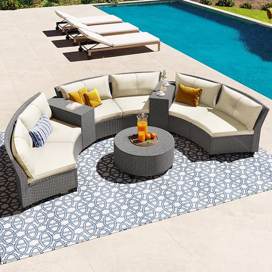 Merax Patio Furniture Sets for 6, Fan-Shaped All Weather Outdoor HDPE Rattan Sofa with Cushions and Table, Suitable for Garden, 9-Piece, Beige