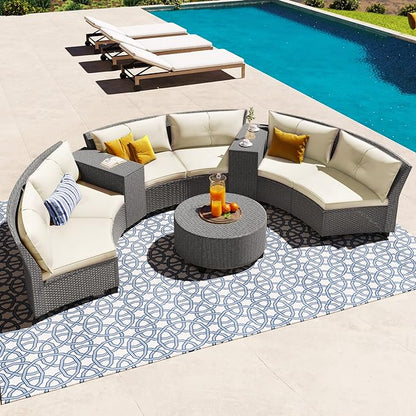 Outdoor 9 Pieces Patio Furniture Half Moon Wicker Sofa Sets, Fan-Shaped Curved Sectional Couch with Coffee Table&Beige Cushions, 1, Gray Rattan