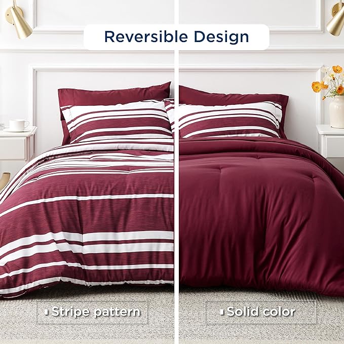 Bedsure Bed in a Bag California King Size 7-Piece Burgundy White Striped Bedding Comforter Sets All Season Bed Set, 2 Pillow Shams, Flat Sheet, Fitted Sheet and 2 Pillowcases