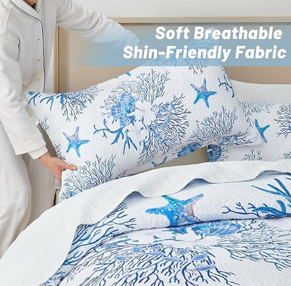 Coastal Bedding King Size Coastal Quilt with 2 Shams, Nautical Beach Comforter Sets Ocean Bedspreads Blue Starfish Coverlet Summer Bedding, 96''x106''