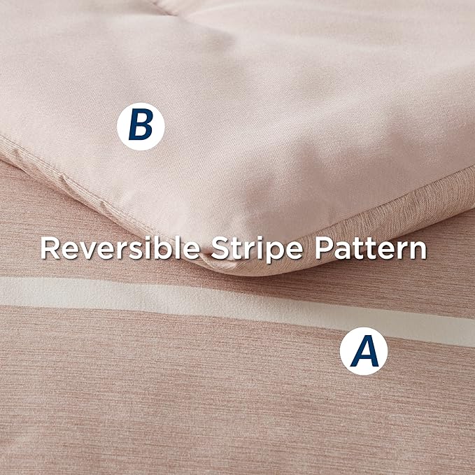 Bedsure Bed in a Bag King Size 7 Pieces, Dusty Pink White Striped Bedding Comforter Sets All Season Bed Set, 2 Pillow Shams, Flat Sheet, Fitted Sheet and 2 Pillowcases