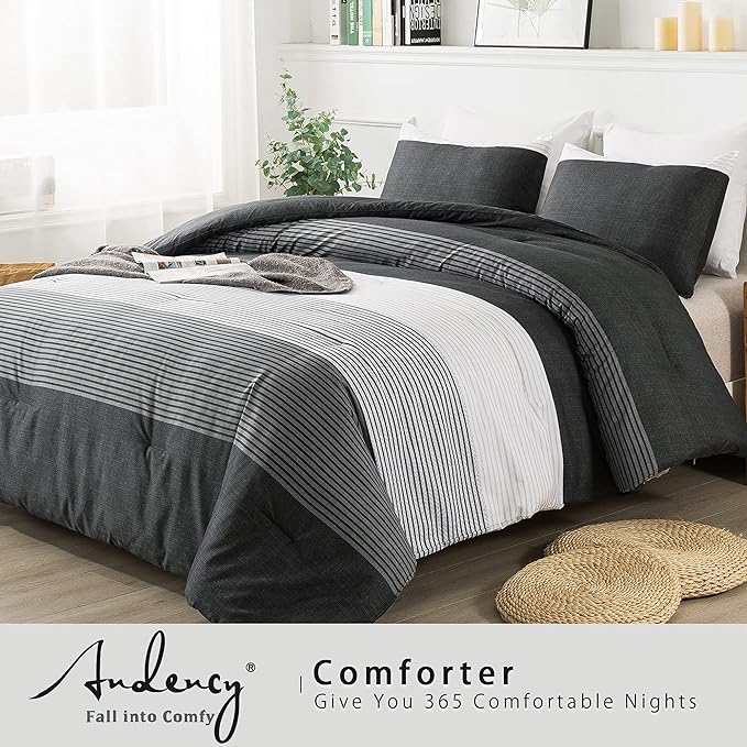 Andency Queen Comforter Set Black,3 Pieces Black White Gray Patchwork Striped Comforter (90x90 Inch), Soft Microfiber Down Alternative Queen Comforter Bedding Sets with Corner Loops