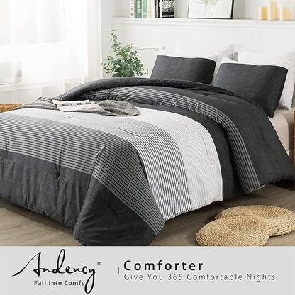 Andency Full Size Comforter Set,3 Pieces Black White Gray Patchwork Striped Comforter(79x90 Inch), Soft Microfiber Down Alternative Full Comforter Bedding Sets with Corner Loops