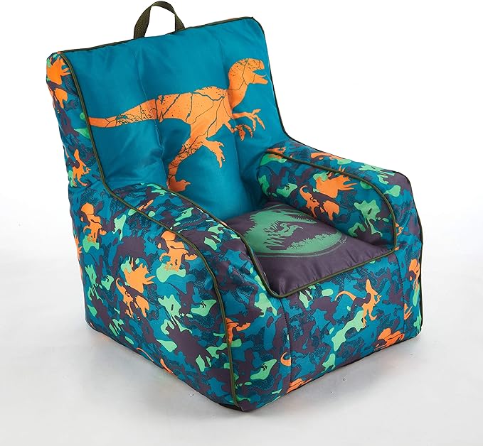 Idea Nuova Jurassic World 2 Kids Nylon Bean Bag Chair with Piping & Top Carry Handle, Blue, 18" H x 18" W