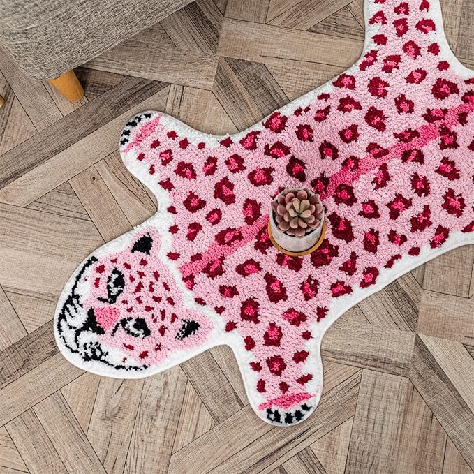 Leopard Shaped Rug Animals Bath Mat Rug Non-Slip Bathroom Door Mat for Bedroom Bathroom Kitchen Cartoon Area Rug for Bathroom Tub Soft Bathtub Mat Home Decor Pink