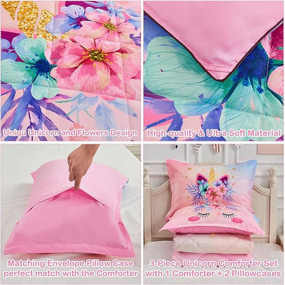 Pink Unicorn Queen Bedding Set for Girls 3 Piece Kids Comforter Set Cartoon Unicorn Flowers Quilt Set Bed in A Bag Lightweight Duvet Bed Set for Kids Teen Girls Women Bedroom Decor with 2 Pillowcases