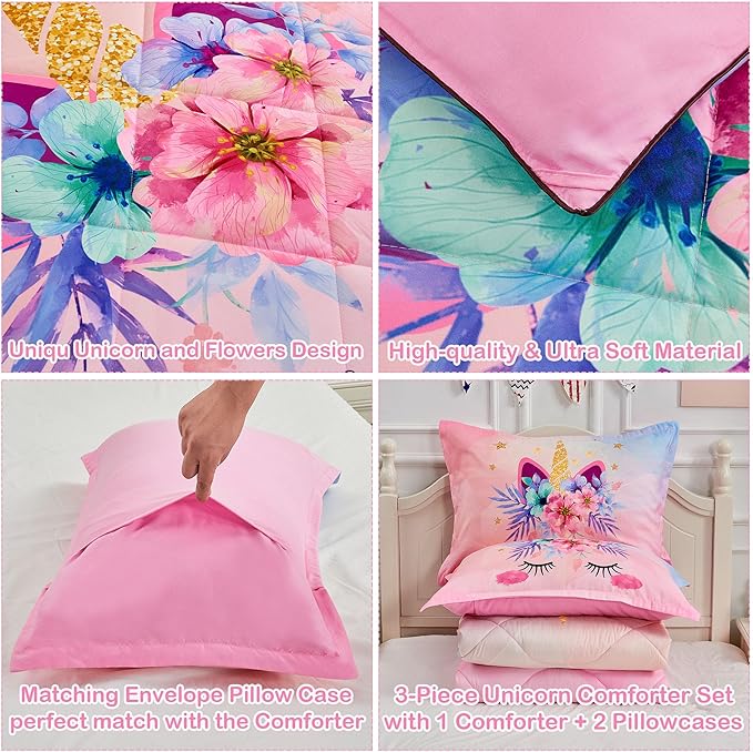 VIVILINEN Twin Size Bedding Set for Girls 3 Piece Pink Unicorn Kids Comforter Set Cartoon Unicorn Flowers Quilt Set Bed in A Bag Lightweight Duvet Bed Set for Kids Teen Girls Women with 2 Pillowcases
