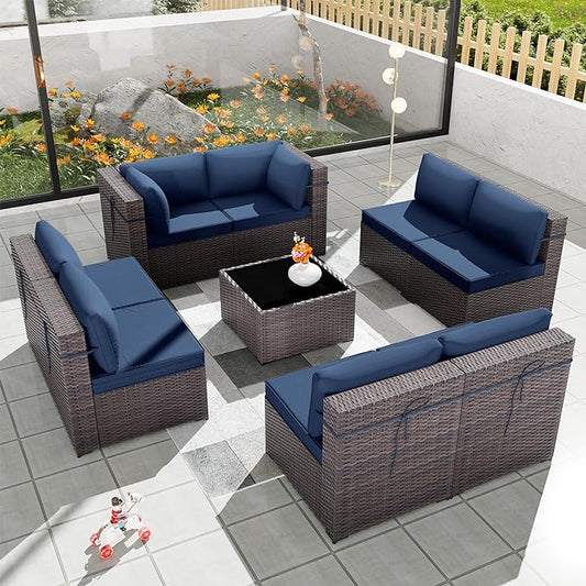 Patio Furniture Set 9-Pieces Outdoor Furniture for Backyard Wicker Sectional Sofa Set, Rattan Patio Conversation Set with Thickened Cushions and Glass Coffee Table, Navy Blue