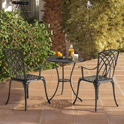 NUU GARDEN Bistro Set 3 Piece Outdoor All Weather Cast Aluminum Patio Bistro Set Patio Table and Chairs Set of 2 with Umbrella Hole for Backyard, Balcony, Front Porch, Lawn, Black