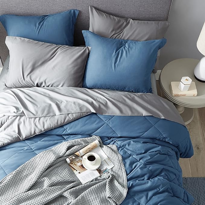 Bedsure Blue California King Comforter Set - 7 Pieces Reversible Bed Set Bed in a Bag California King with Comforters, Sheets, Pillowcases & Shams, California King Bedding Sets