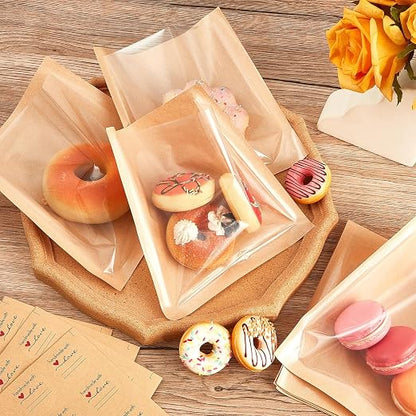 Outus 30 Pcs Cookie Packaging Bags with Seal, 7.1 x 7.5 Inch Bakery Pastry Bags with Window, Heat Sealable Grease Resistant Paper to Go Bake Sleeves for Gift Giving Donut Bread Sandwich (Brown)
