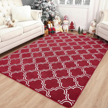 Chicrug Shag Geometric 6x9 Area Rug for Living Room, Large Modern Memory Foam Indoor Carpet, Fluffy Rug for Bedroom Bedside Room Decor for Family Girls Kids Nursery, Wine Red/White