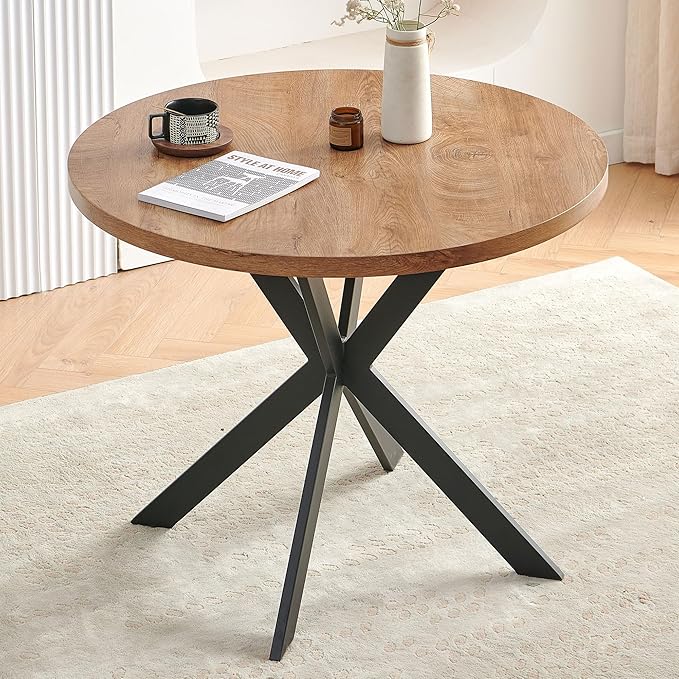 37 Inch Round Dining Table Set for 4, Modern Small Circle Kitchen Coffee Set for Apartment Living Room Office, Save Space(1 Wooden Table + 2 Grey PU Leather Chairs)