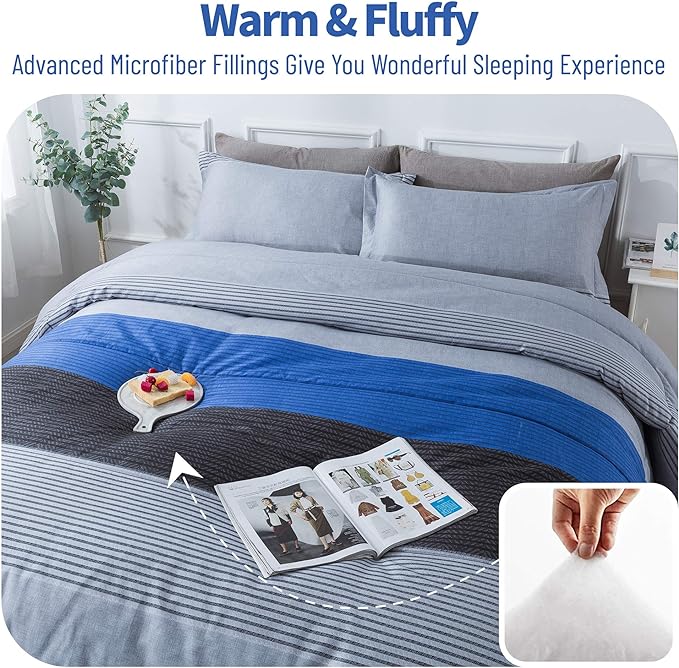 Andency Stripe Blue Comforter Set King Size, 3 Pieces Gray and Blue Patchwork Striped Comforter(104x90 Inch), Soft Microfiber Down Alternative Comforter Bedding Set with Corner Loops