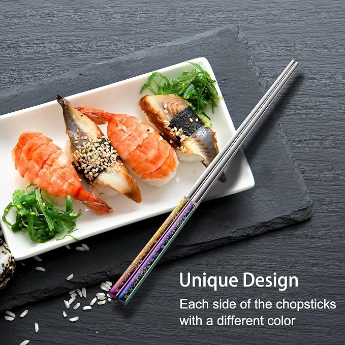 Metal Chopsticks Reusable Dazzling Rainbow Stainless Steel Chopsticks Titanium Plated Dishwasher Safe Fancy Laser Engraved Korean Japanese Chop Sticks Multicolor 2 Pairs Gift Set
