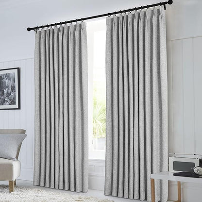 Macochico 100% Blackout Light Grey Linen Curtains 84 Inches Long Pinch Pleated Burlap Curtains for Bedroom Living Room Farmhouse Nursery Thermal Window Panels with Tieback 72”Wx84”L 1 Panel