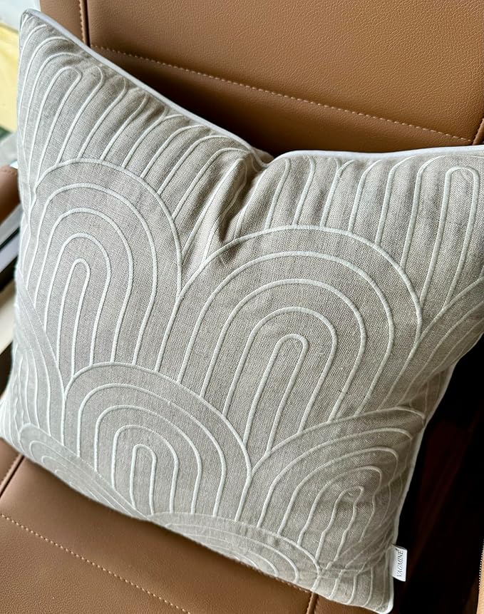 VAGMINE Embroidered Geometric Throw Pillow Cover - 18x18 Inches Square - 100% Linen Natural Decorative Cushion Cover - Elegant Embroidery - Minimalist Accent for Sofa, Bed, Couch, Farmhouse Décor