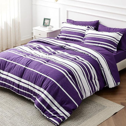 Bedsure Bed in a Bag California King Size 7-Piece Purple White Striped Bedding Comforter Sets All Season Bed Set, 2 Pillow Shams, Flat Sheet, Fitted Sheet and 2 Pillowcases