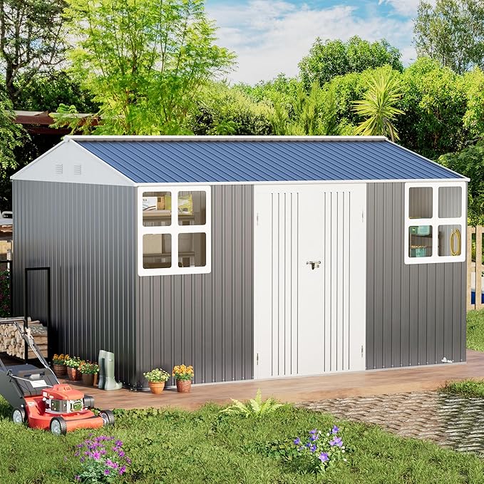 Metal shed 12x10 FT Outdoor Storage, Heavy-Duty Garden Sheds with Customizable Skylight & Reinforced Steel Frame, Weatherproof Galvanized Tool Tiny House for Backyard, Patio, and Lawn