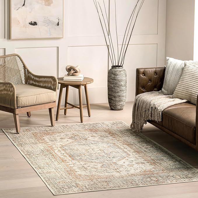 nuLOOM 4x6 Machine Washable Rain Haven Vintage Medallion Area Rug, Light Grey, Traditional Faded Design, Non-Slip Backing, Stain Resistant, For Bedroom, Dining Room, Living Room, Kitchen