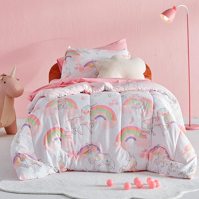 SLEEP ZONE Kids Unicorn Bedding Twin Comforter Set - Super Soft & Cute Printed 2-Piece Comforter Set All Seasons for Girls, Fade Resistant, Machine Washable, Pink Unicorn