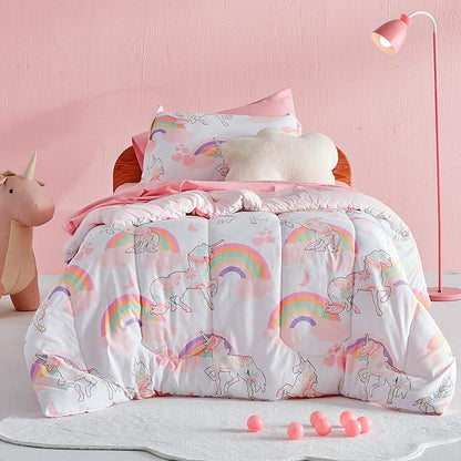 SLEEP ZONE Kids Unicorn Bedding Comforter Set Full/Queen Size - Super Soft & Cute Printed 3-Piece Comforter Set All Seasons for Girls, Fade Resistant, Machine Washable, Pink Unicorn