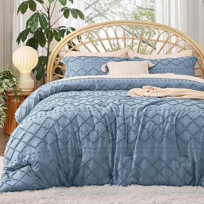 Bedsure Queen Comforter Set - Grayish Blue Comforter, Boho Tufted Shabby Chic Bedding Comforter Set, 3 Pieces Vintage Farmhouse Bed Set for All Seasons, Fluffy Soft Bedding Set with 2 Pillow Shams