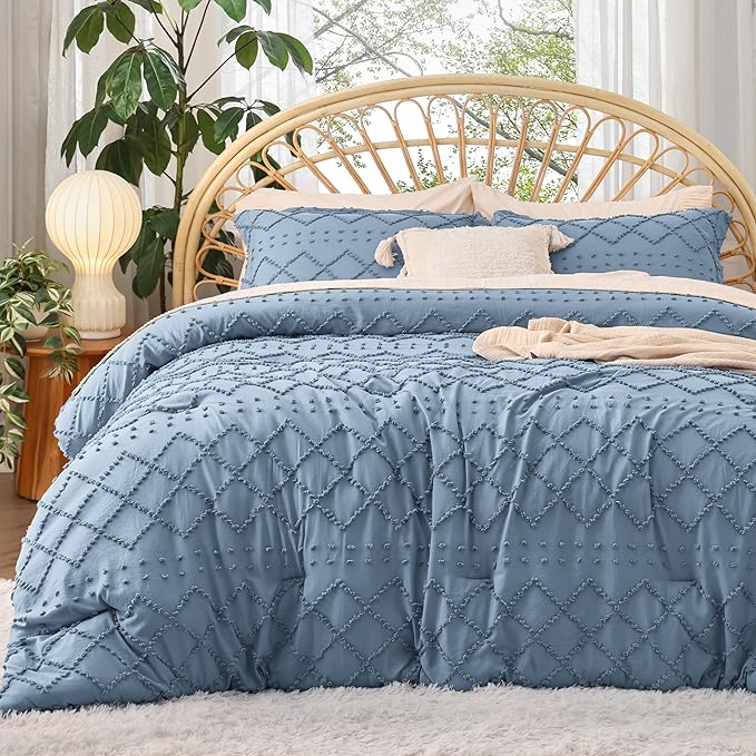 Bedsure Full Size Comforter Set - Grayish Blue Comforter, Boho Tufted Shabby Chic Bedding Comforter Set, 3 Pieces Farmhouse Bed Set for All Seasons, Fluffy Soft Bedding Set with 2 Pillow Shams
